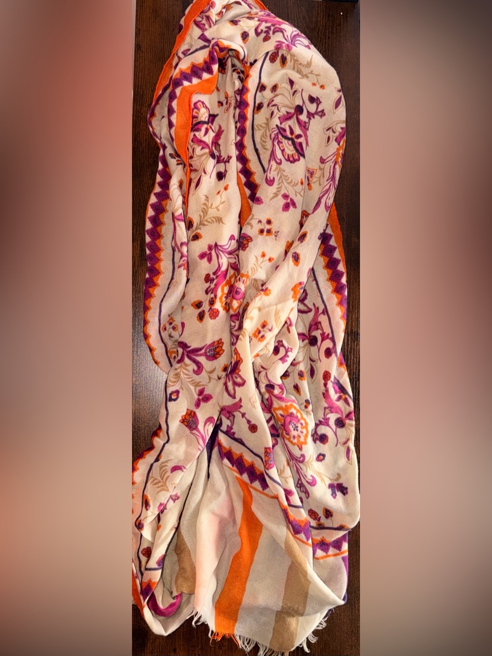 Old Navy Cream Scarf with Purple & Orange Floral Print